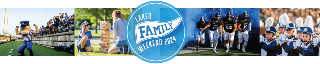 Grid of images featuring Louie the Laker posing with strong arms, a student and  a child playing yard jenga, the football team running with blue smoke behind them and the Laker Marching Band horns section performing